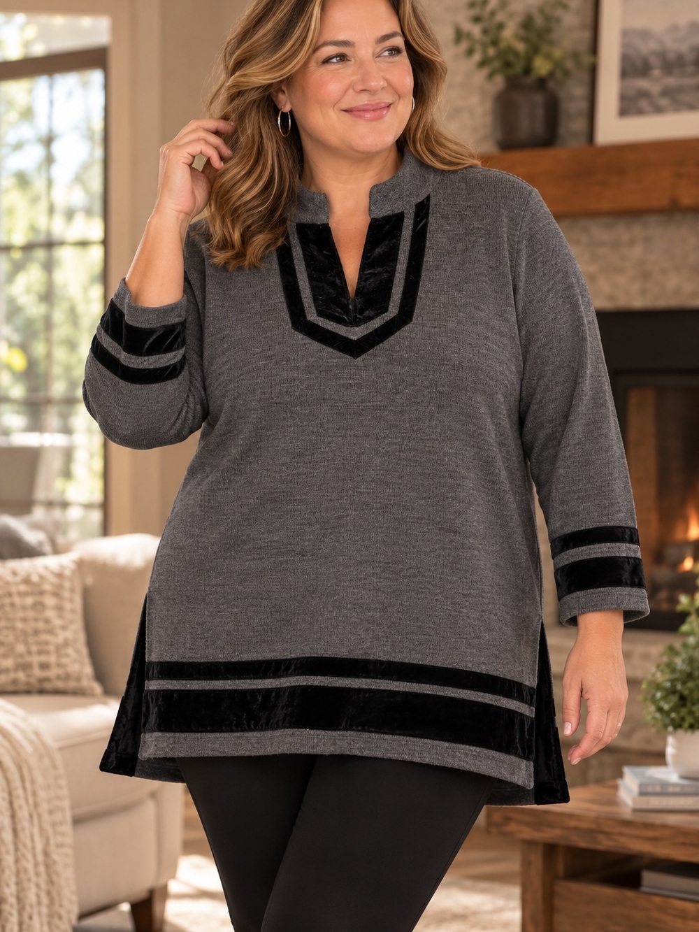 Soft Surroundings Gray Wool Blend Velvet Trim Tunic Sweater Large